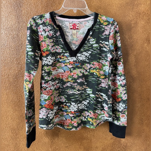 Lucky Brand Thermal Long Sleeve V-Neck Floral Print Top Rare Vintage Y2K Size S - Picture 3 of 6